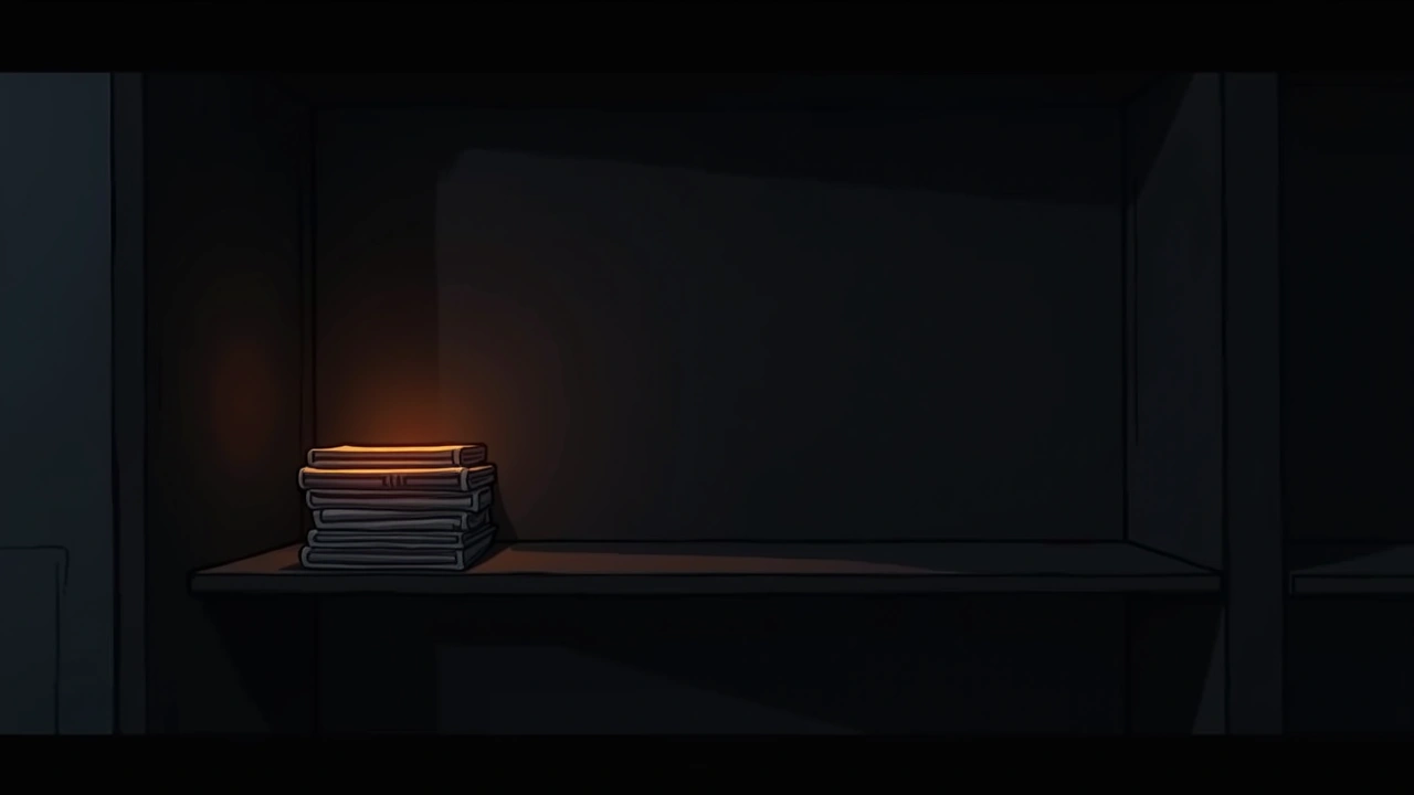 Illustration: a stack of DVD cases glowing faintly on a shelf in a dim room.
