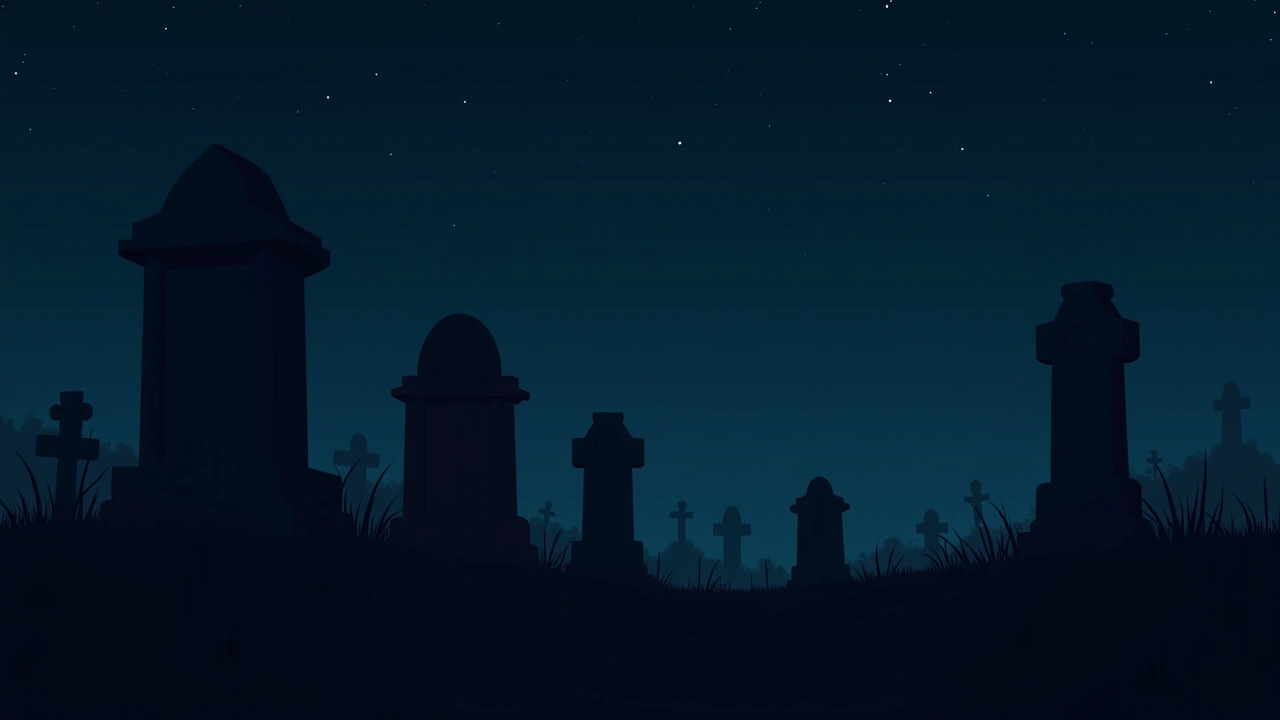 Illustration: a cemetery at night, headstones lit by a dim phone screen glow.