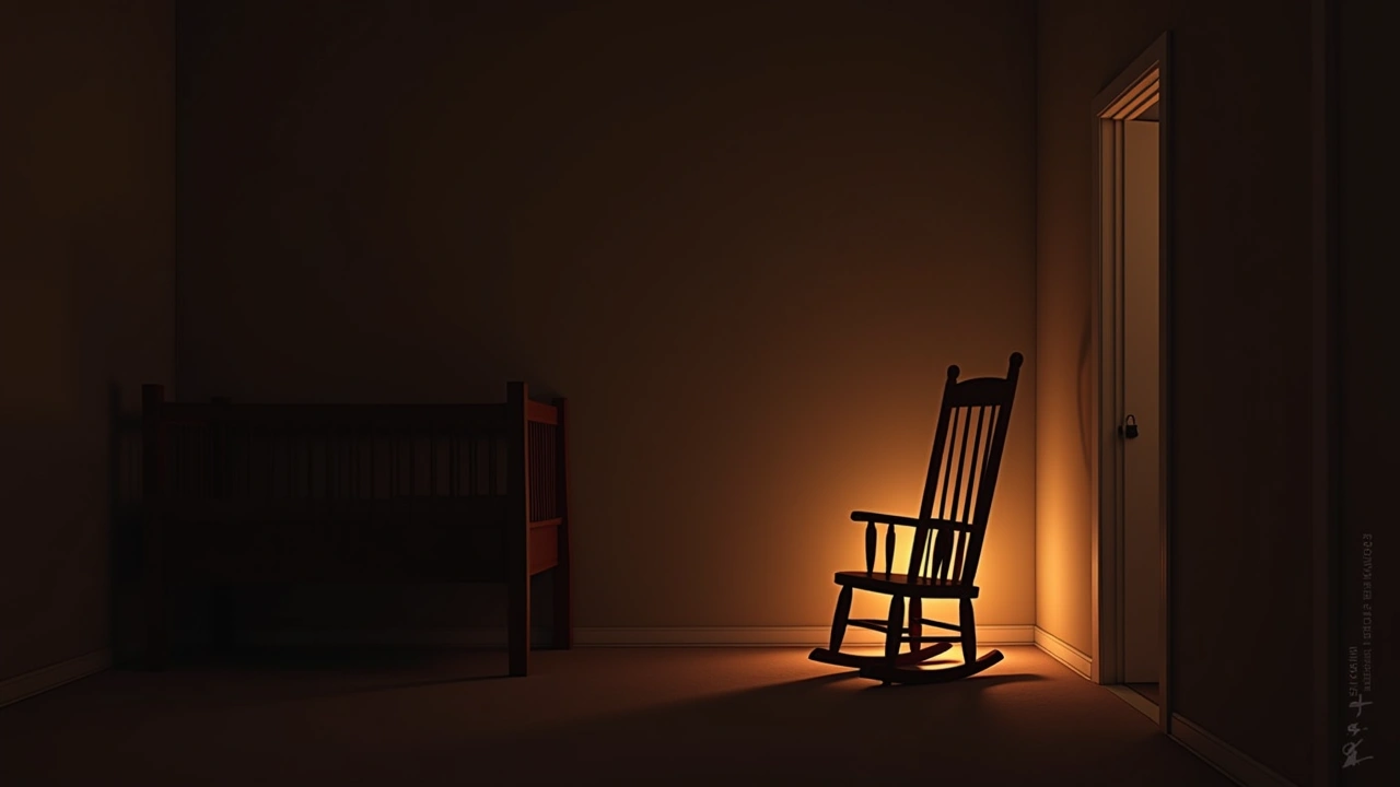 Illustration: A quiet nursery at dusk with a soft light glowing beside an empty rocking chair.