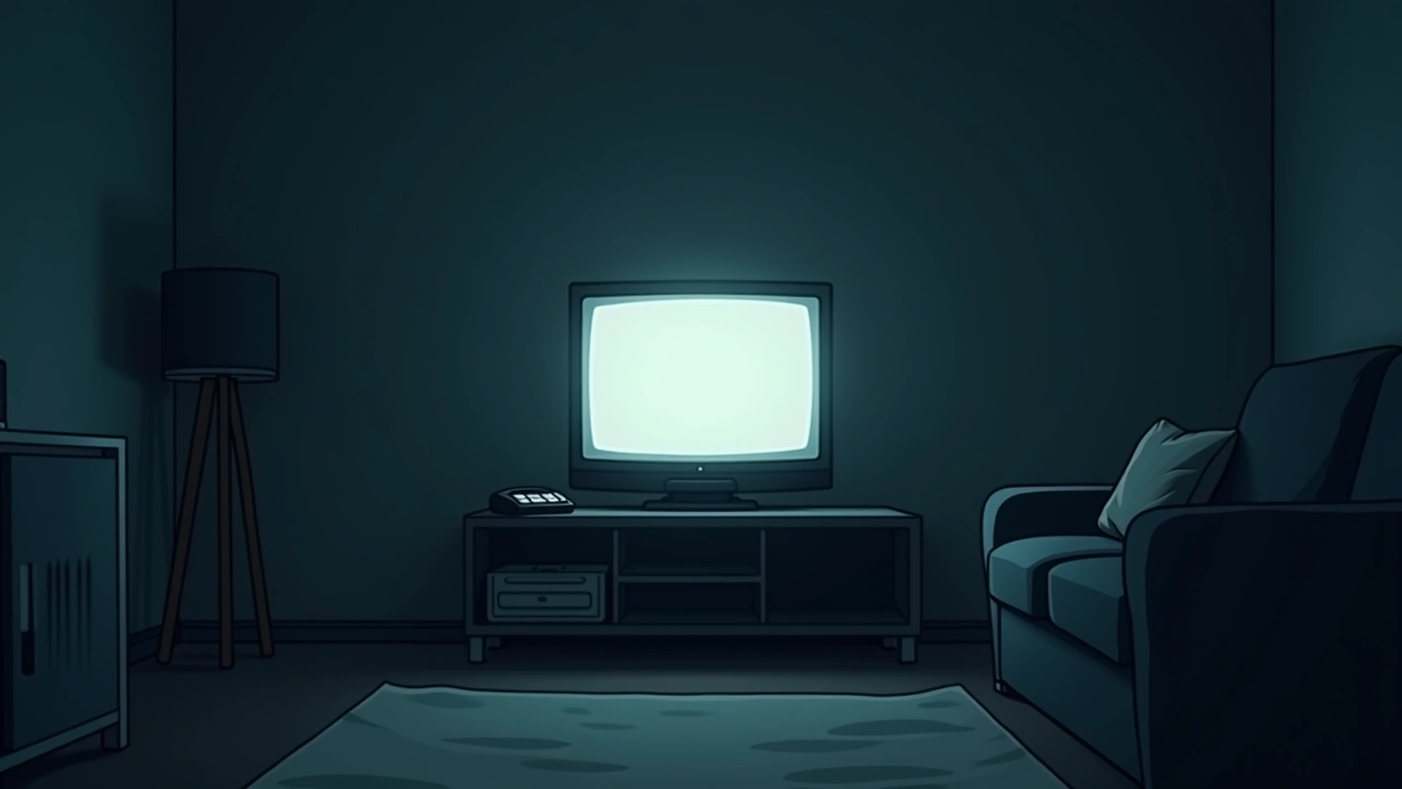 Illustration: a television glowing in a dim living room during a commercial break, a phone resting nearby.