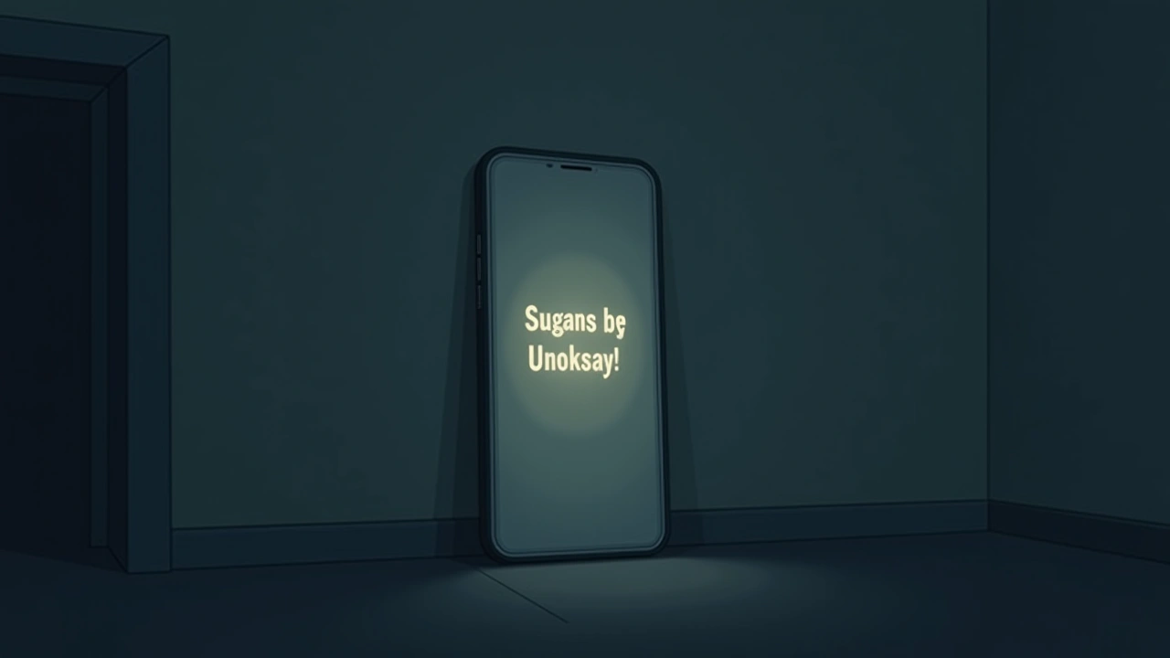 Illustration: a phone glowing with strange scrolling words in a dim, quiet room.