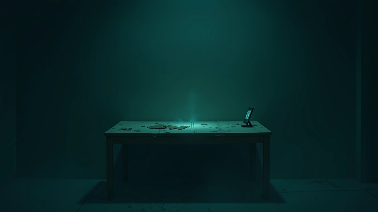 Illustration: A broken table in a dimly lit room, a phone glowing nearby.