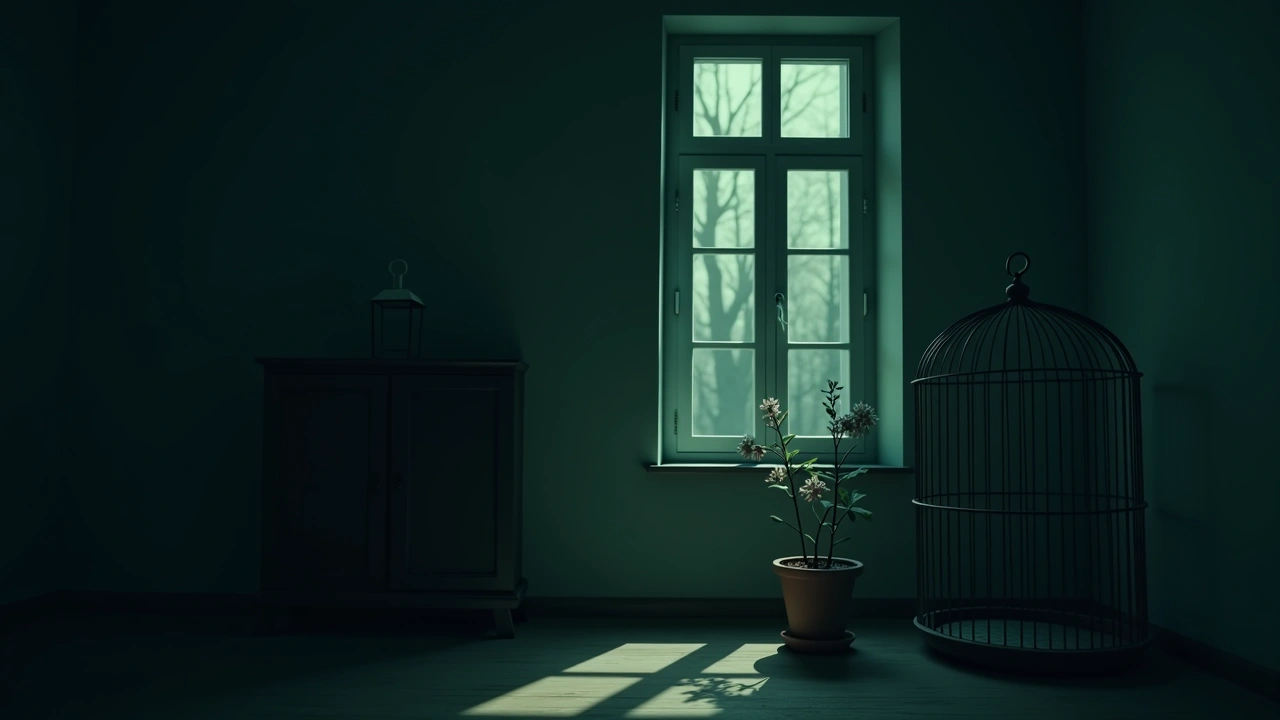 Illustration: a birdcage and potted flowers near a window in a dim room.