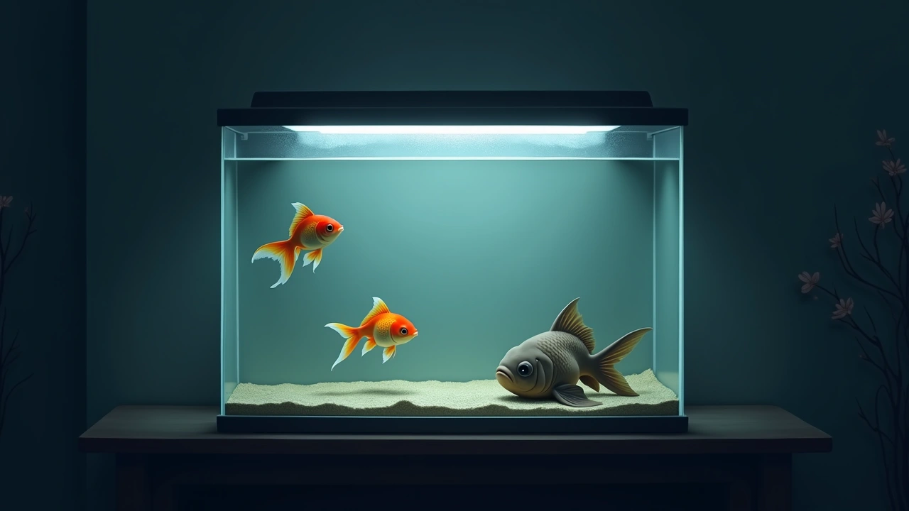 Illustration: a home aquarium at night with goldfish and a pleco near the glass.