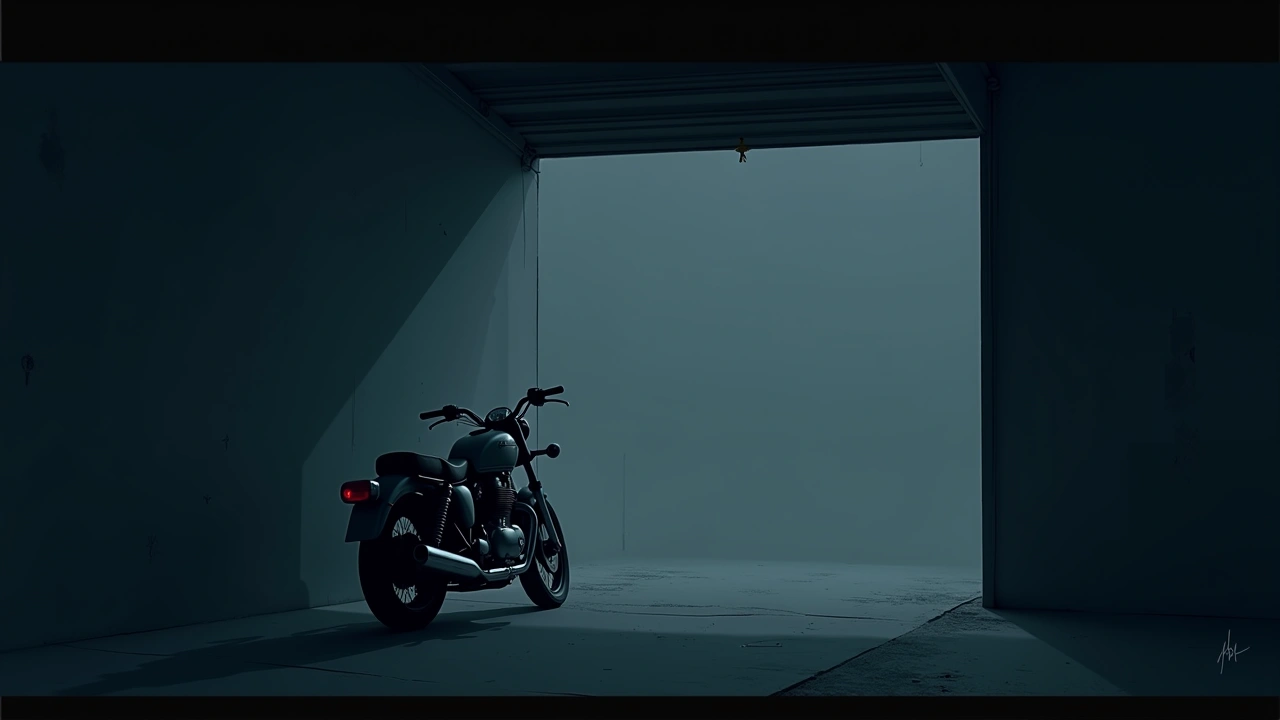 Illustration: a scratched motorcycle parked in a dim garage.