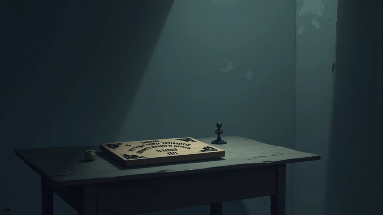 Illustration: an authentic wooden ouija board lying on a table in a dim room.