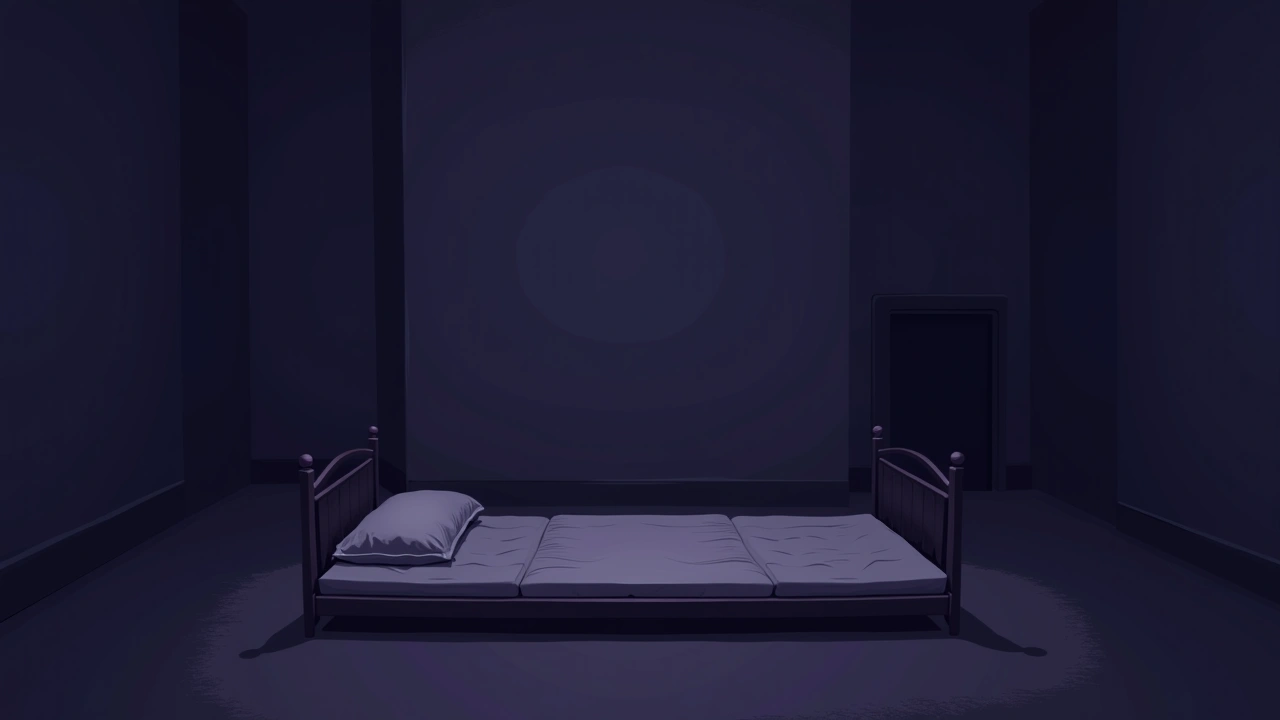 Illustration: a dim bedroom with a mattress on the floor, late at night.