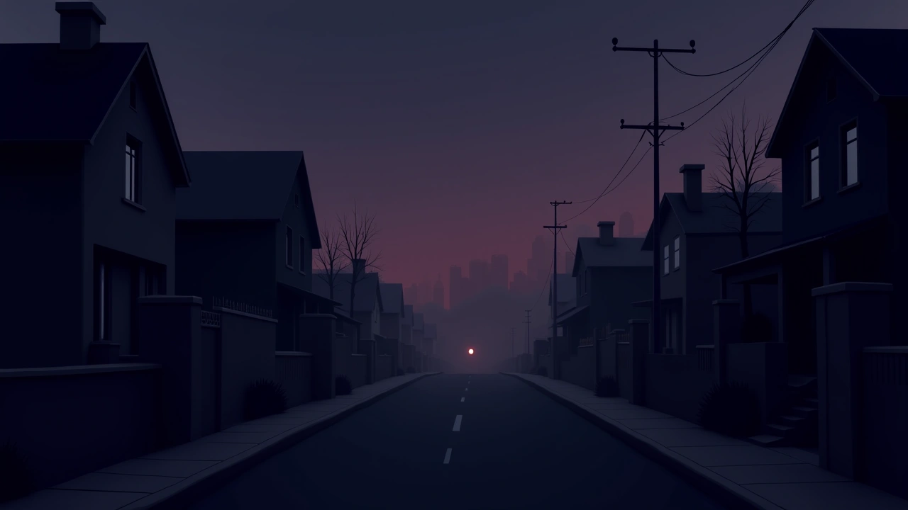 Illustration: a quiet residential street lined with houses at dusk.