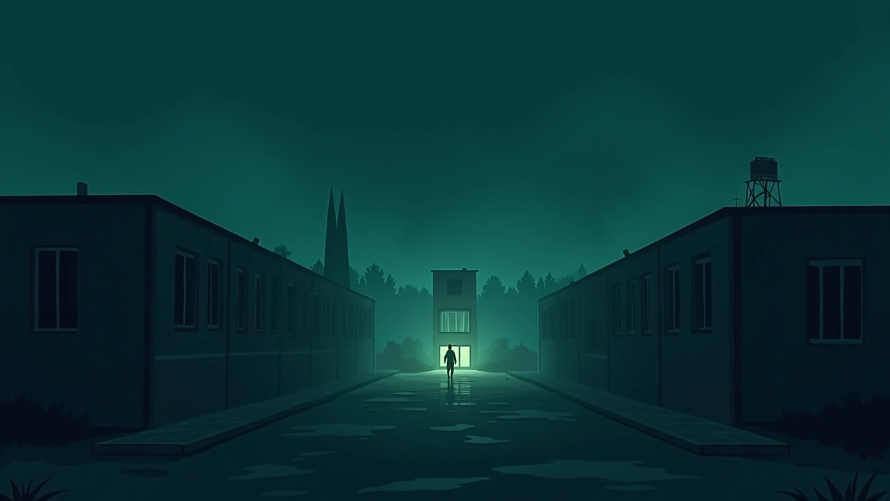 Illustration: an empty schoolyard at dusk.