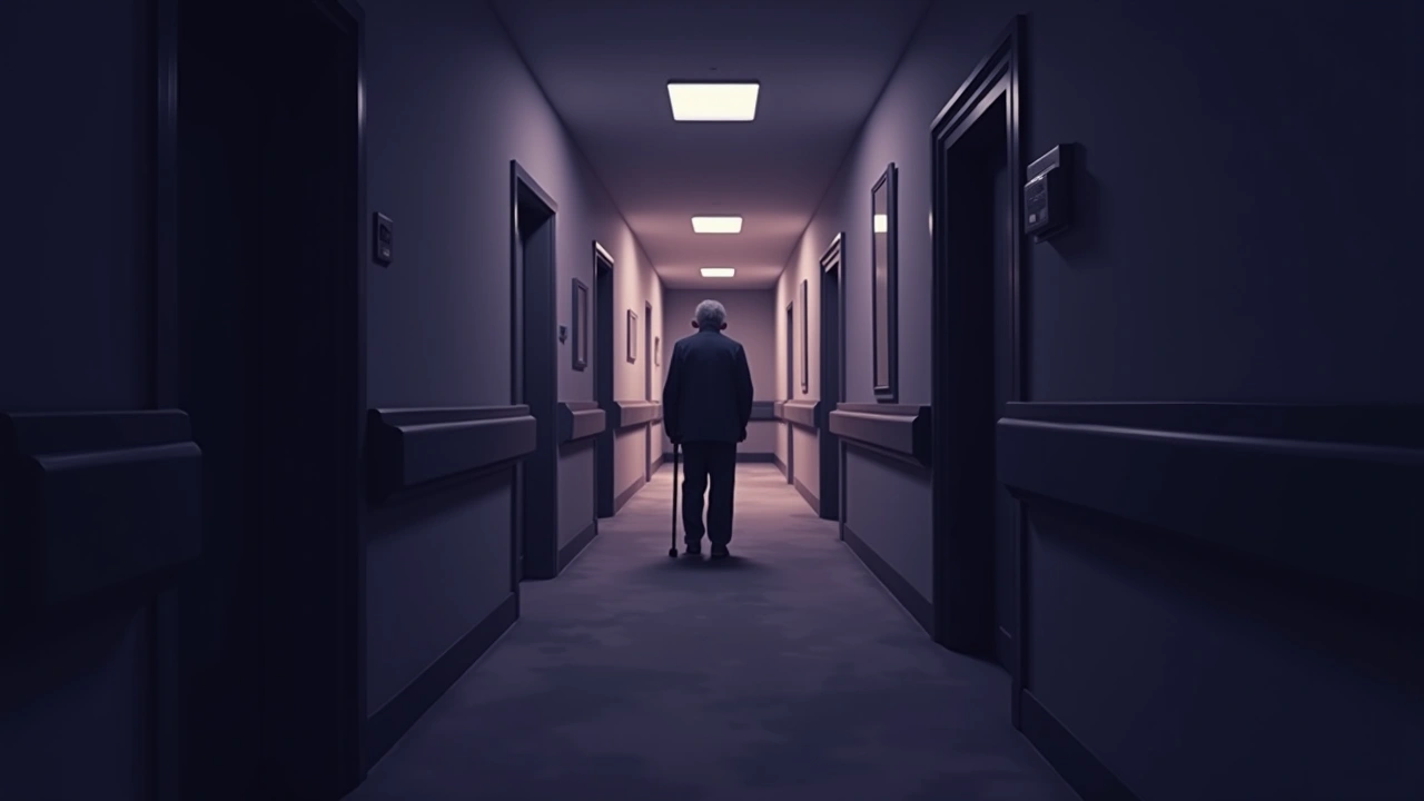 Illustration: A quiet hallway in an elderly care facility, lit by dim evening light.
