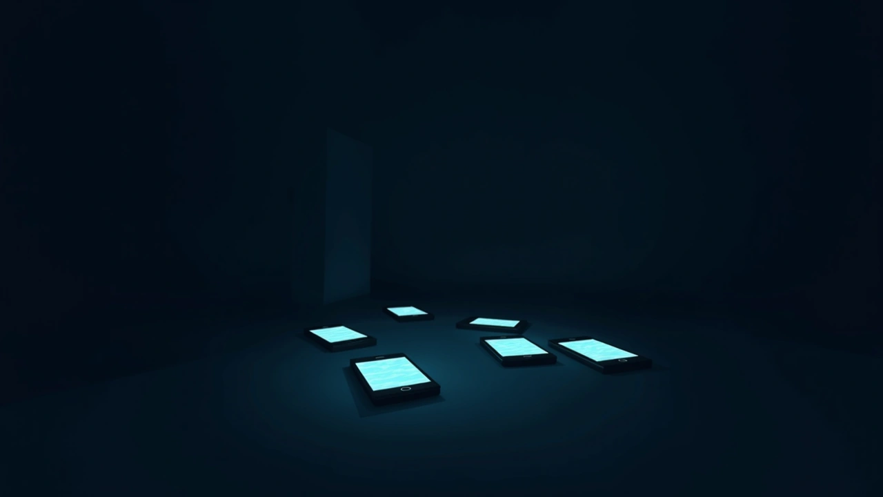 Illustration: Several phone screens glowing in a dark room.