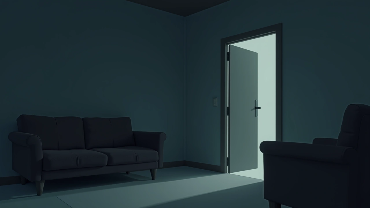 Illustration: a dim, empty living room at dusk with a faint shadow near the doorway.