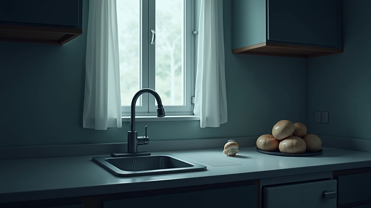 Illustration: a kitchen counter with fresh mushrooms nearby, soft afternoon light through a window.