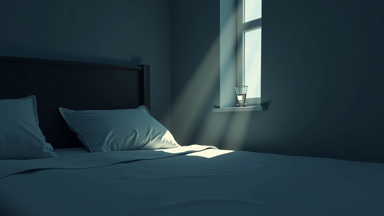 Illustration: a glass of water beside a bed in a dim, quiet bedroom.