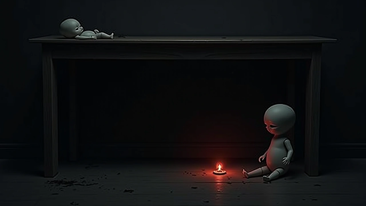 Illustration: a shadowy space under a wooden table, toy dolls nearby, a hint of red radar glow.