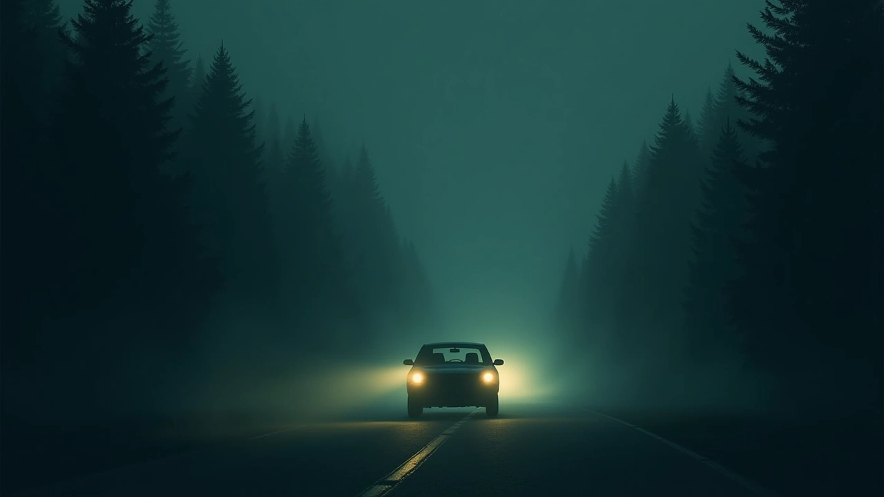 Illustration: a car driving alone through thick fog on a dark road at night, headlights cutting through the mist.