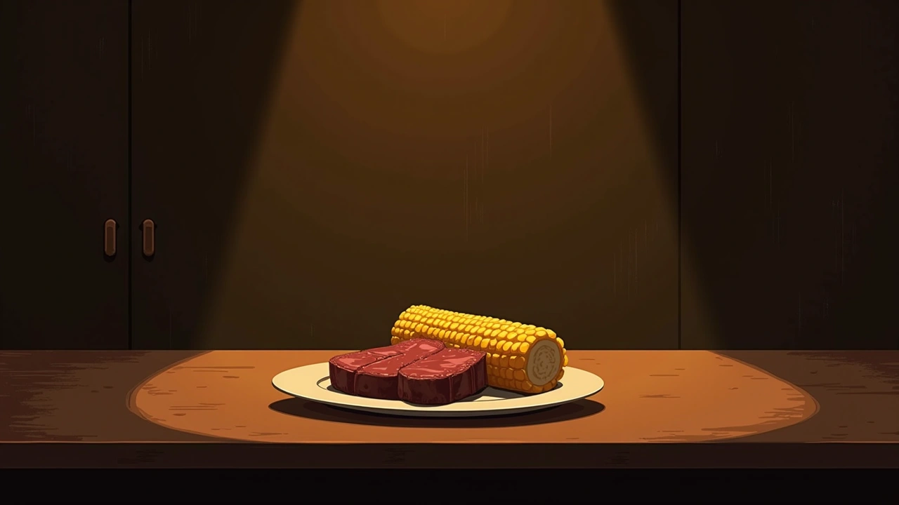 Illustration: a plate of steak tips and corn on the cob on a kitchen table in morning light.