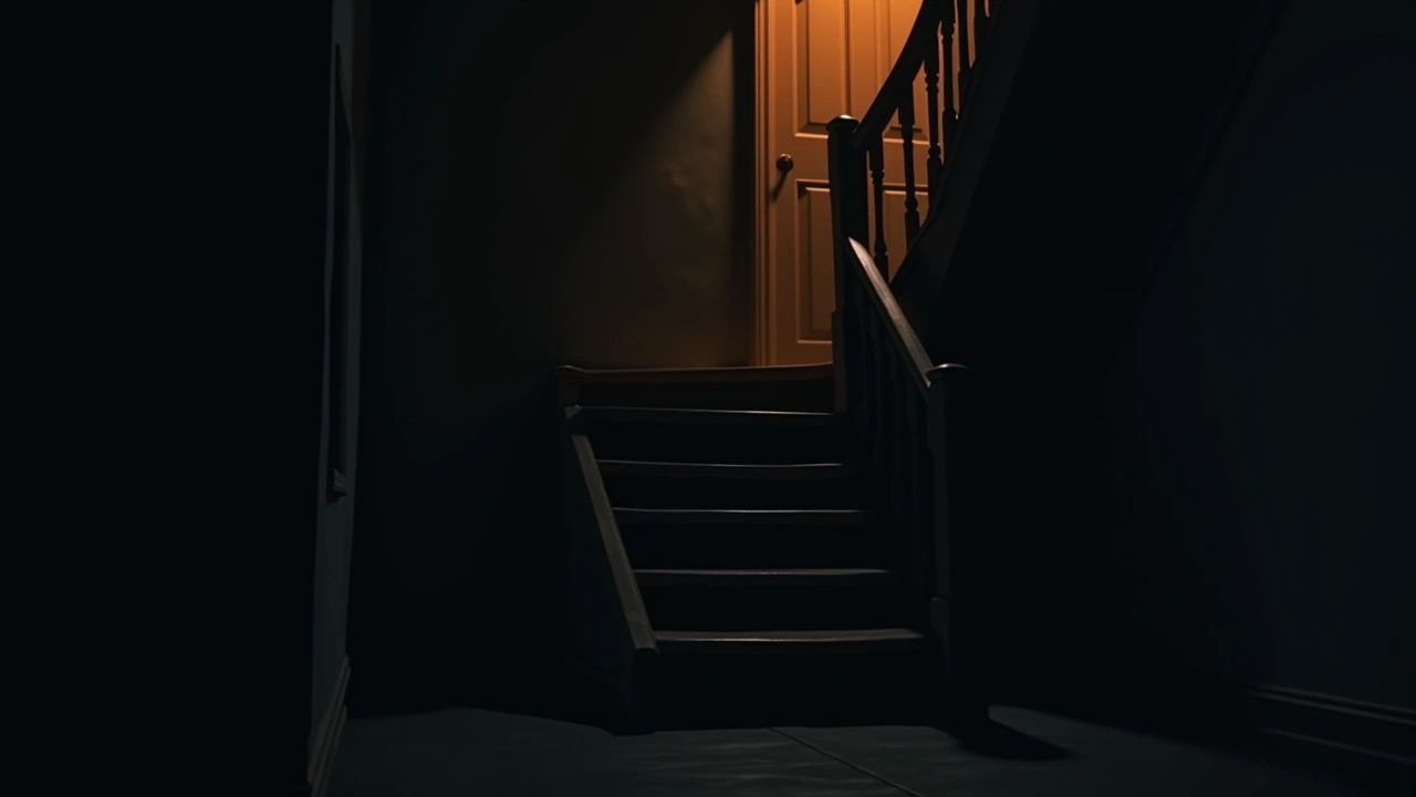 Illustration: a wooden staircase in a quiet house, dim light from the landing above.