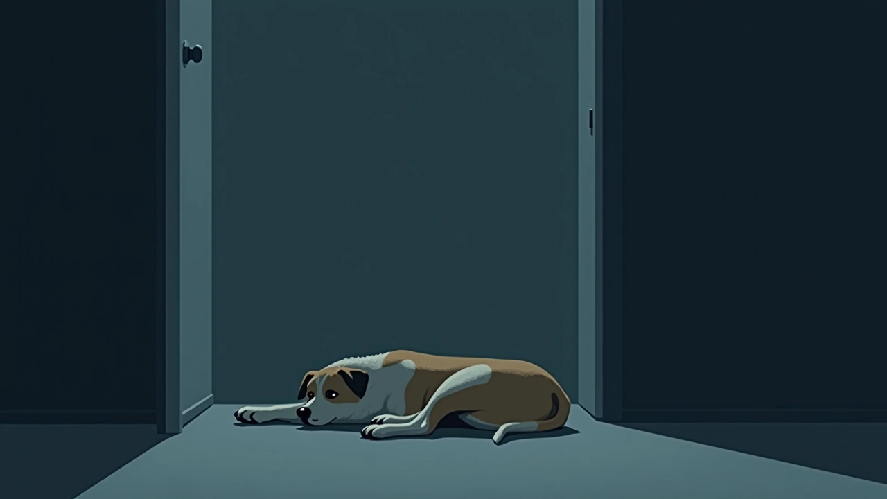 Illustration: a dog lying quietly on the floor of a softly lit room.