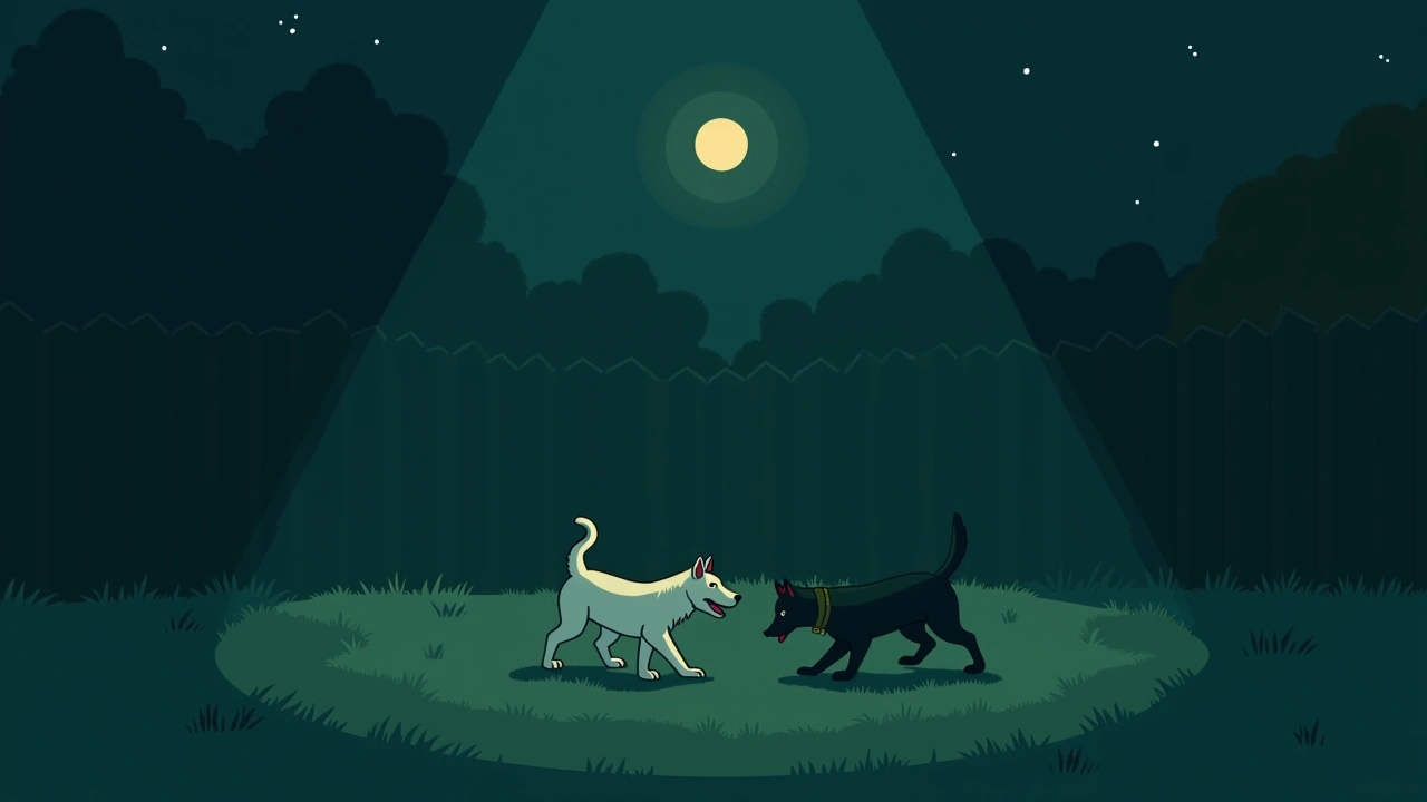 Illustration: Two dogs mid-scuffle in a sunny backyard.