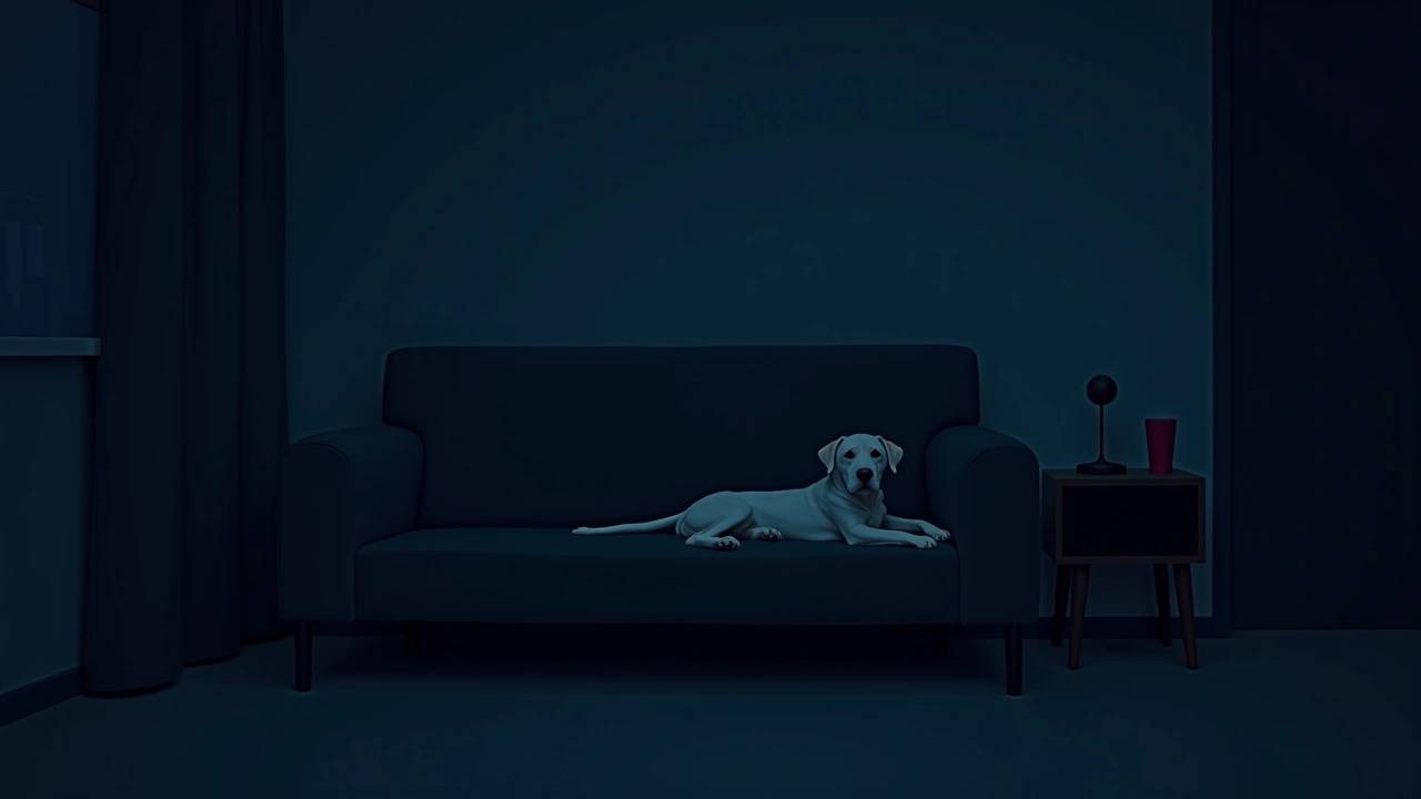Illustration: a cozy living room couch beside a dog at night.
