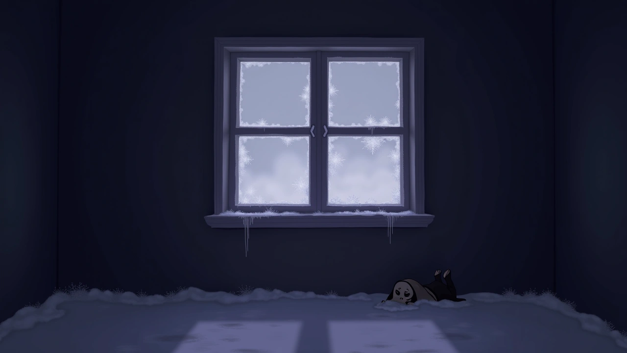 Illustration: a cold, dim room with frost forming on a closed window.