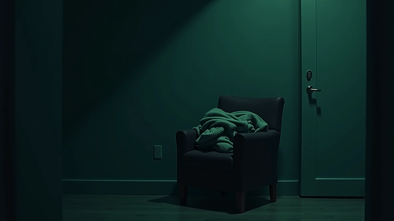 Illustration: a pile of heavy sweaters and jeans on a chair in a dim bedroom.