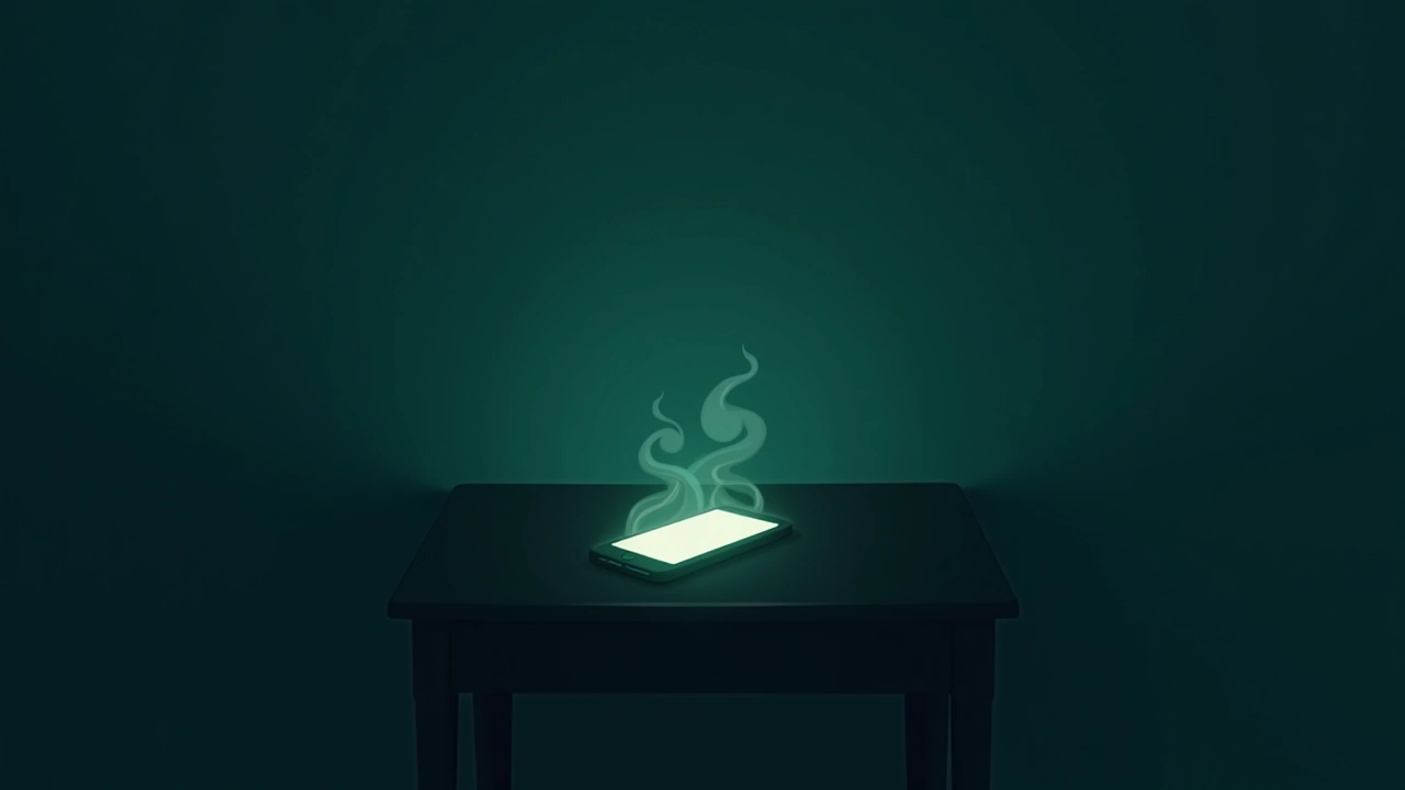 Illustration: A phone glowing on a dark table in a quiet room, faint mist curling at the edges.