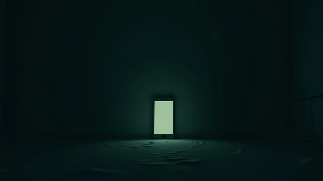 Illustration: a smartphone glowing faintly in a dark room, a single word displayed on its screen.