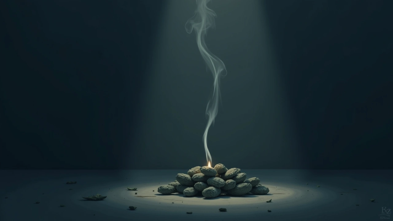 Illustration: a thin curl of smoke rising from burning sage in a dim room.