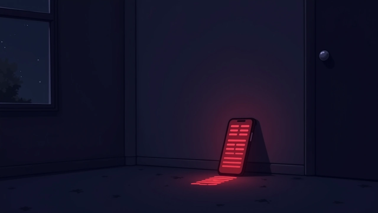 Illustration: a phone screen glowing with red signal bars maxed out, in a quiet, remote room at night.