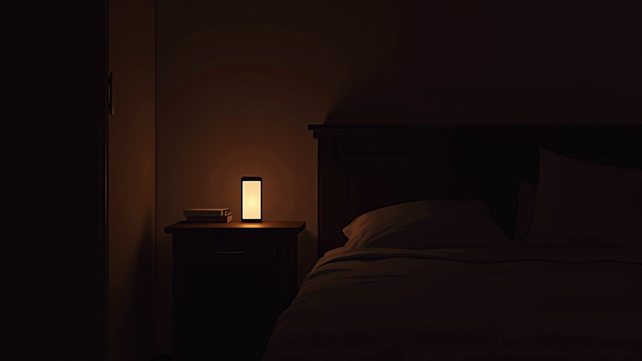 Illustration: a dim bedroom at night, a phone screen glowing on a desk.