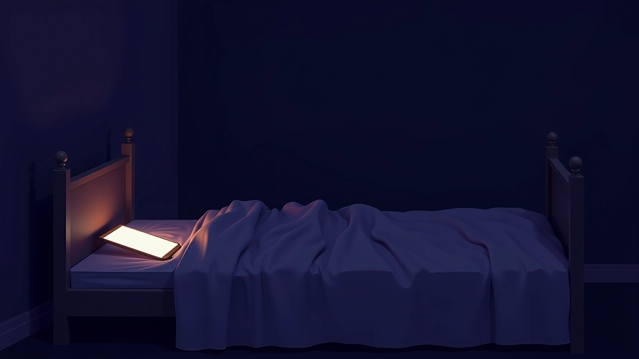 Illustration: a rumpled bed in a dim bedroom lit by a phone screen.