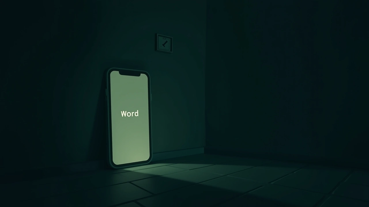 Illustration: a smartphone screen glowing with a single word in a softly lit room.