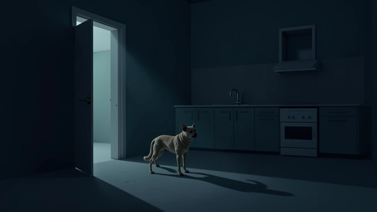 Illustration: a dark kitchen corner at night, a stray dog waiting near an open doorway.