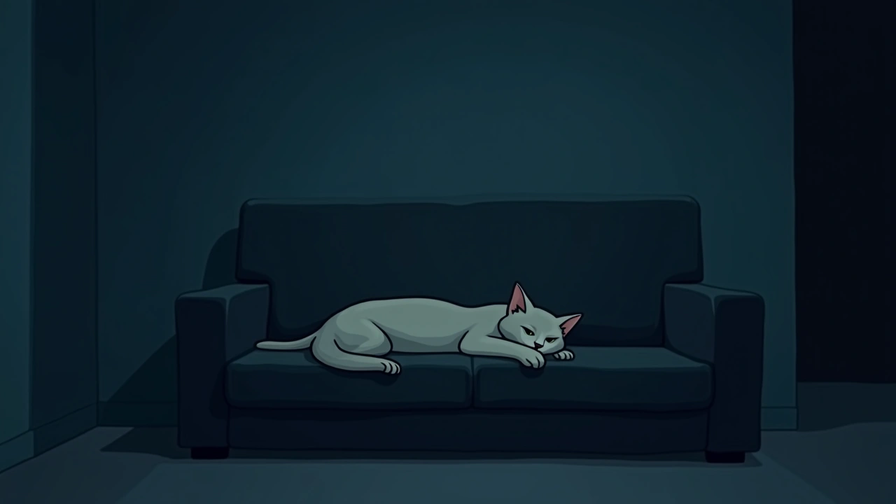 Illustration: a sick cat resting quietly on a couch at night.