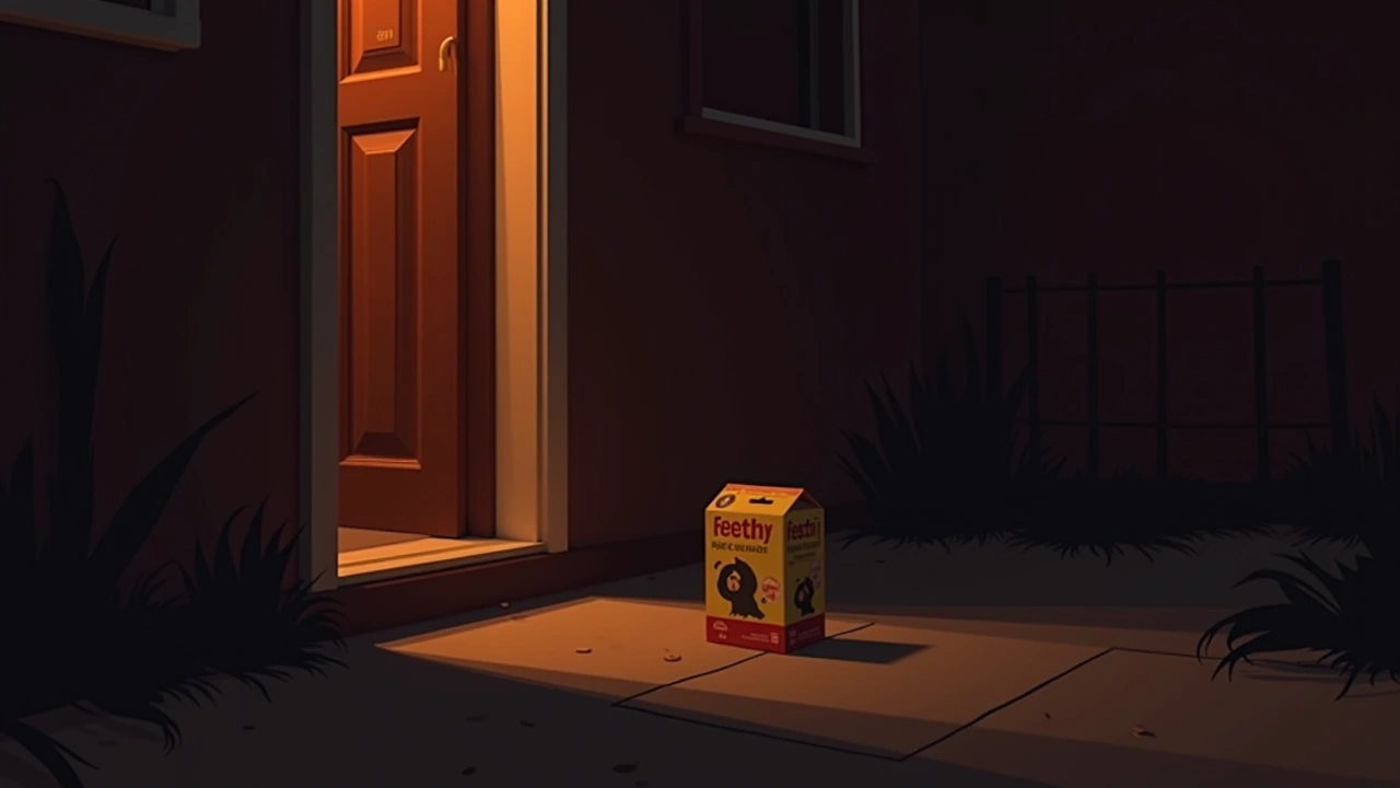 Illustration: a small pet flea collar package sitting on a front doorstep in the evening.
