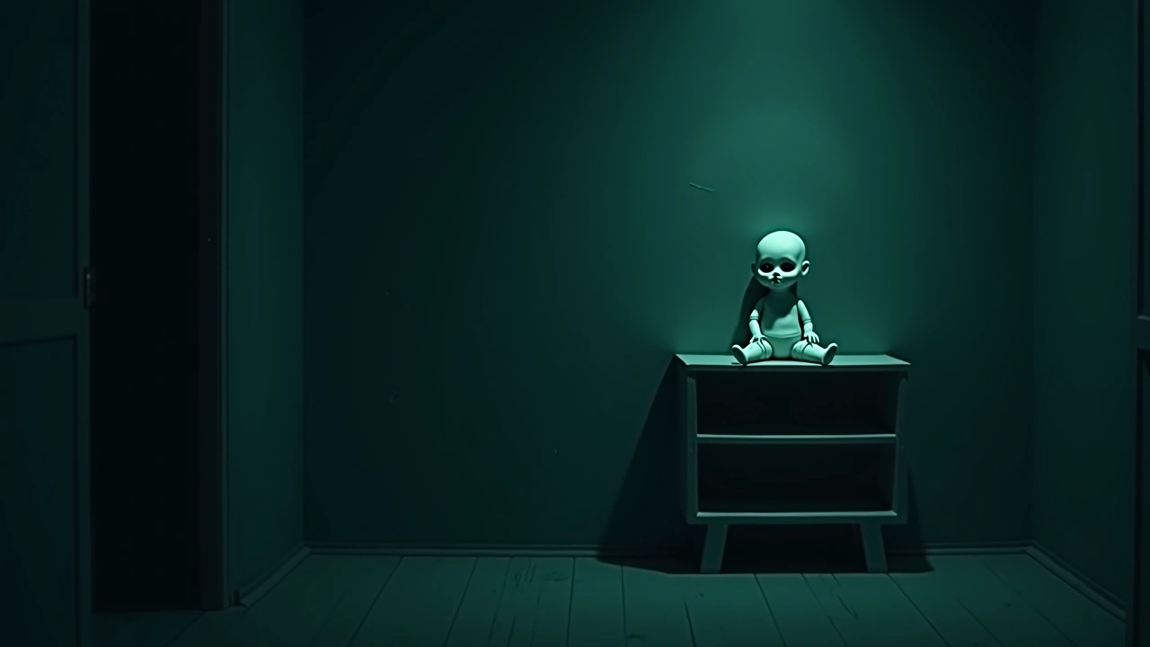 Illustration: a haunted-looking porcelain doll sitting on a shelf in a dim room.