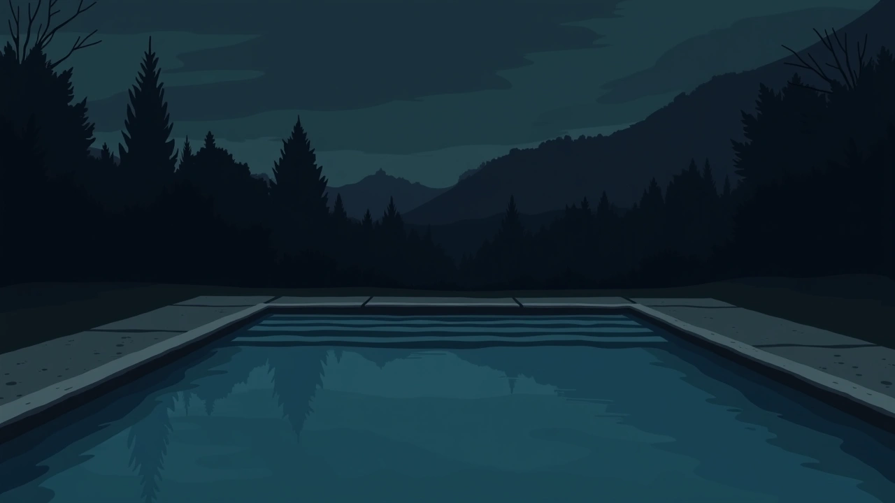 Illustration: a backyard swimming pool at dusk, the water perfectly still.