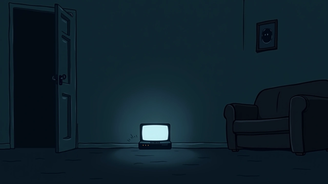 Illustration: a game console glowing in a dim living room with a framed photo nearby.