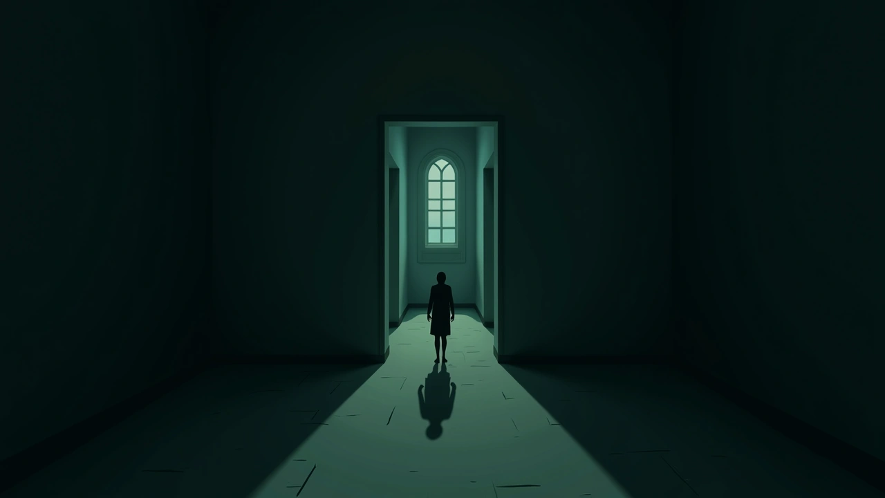 Illustration: an old house at dusk with a shadow crossing an empty hallway.