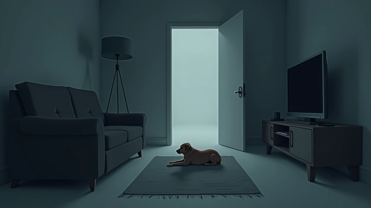 Illustration: a small dog lying on a rug in a dim living room.