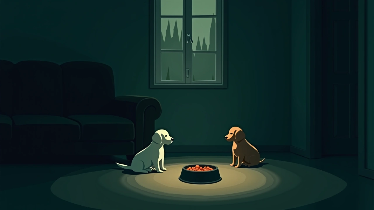 Illustration: two dogs beside an empty food bowl in a cozy living room.