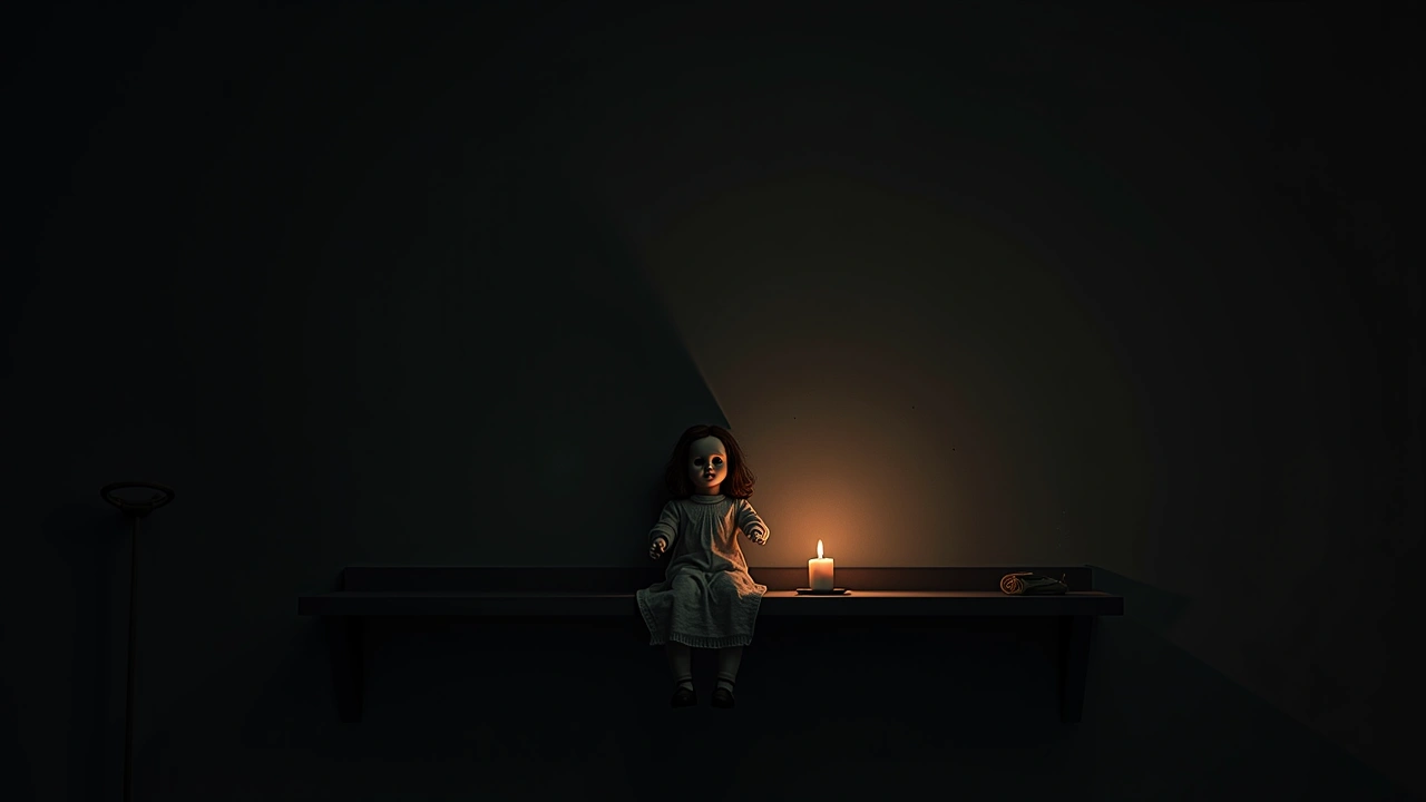 Illustration: an old porcelain doll sitting on a shelf in dim light.
