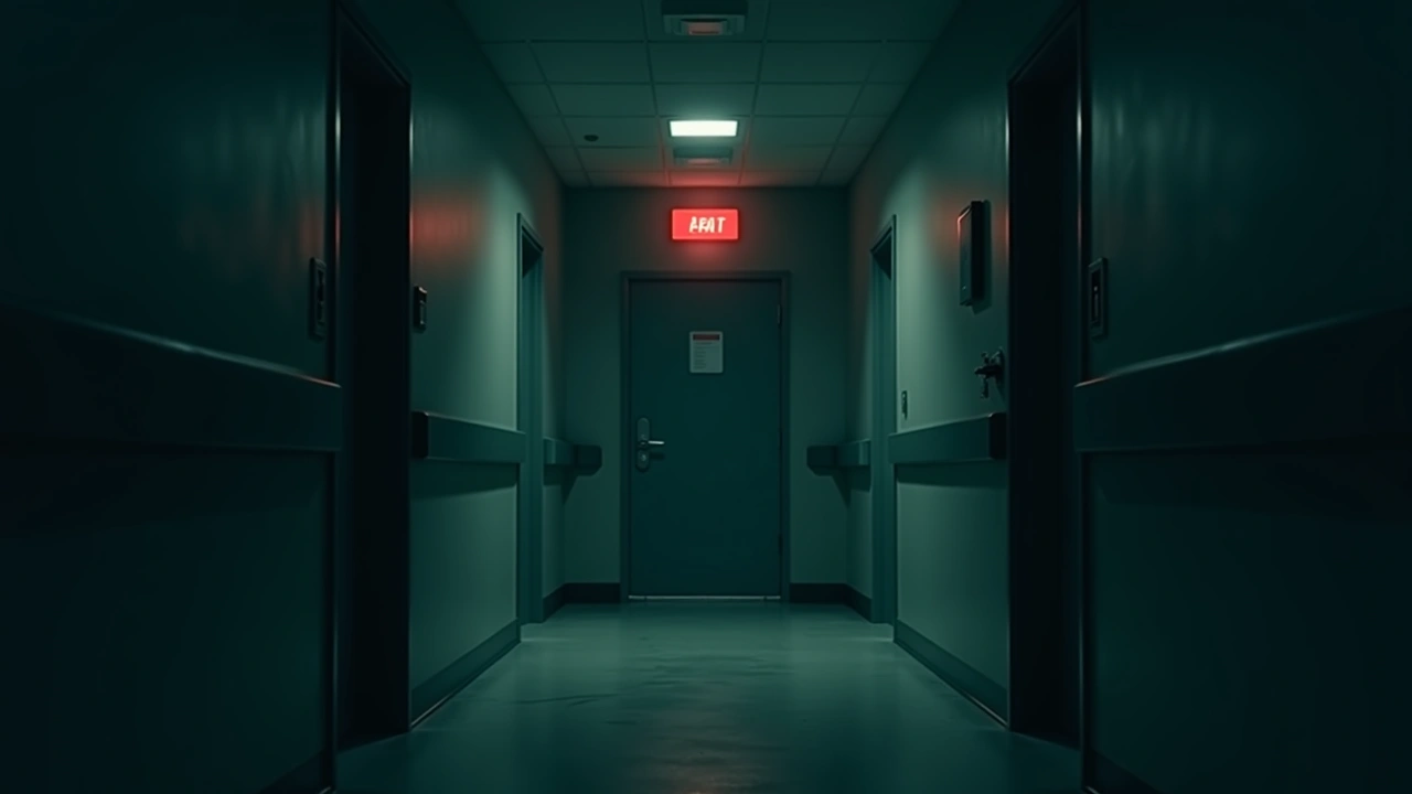 Illustration: a flickering red emergency light in an empty institutional bathroom hallway.