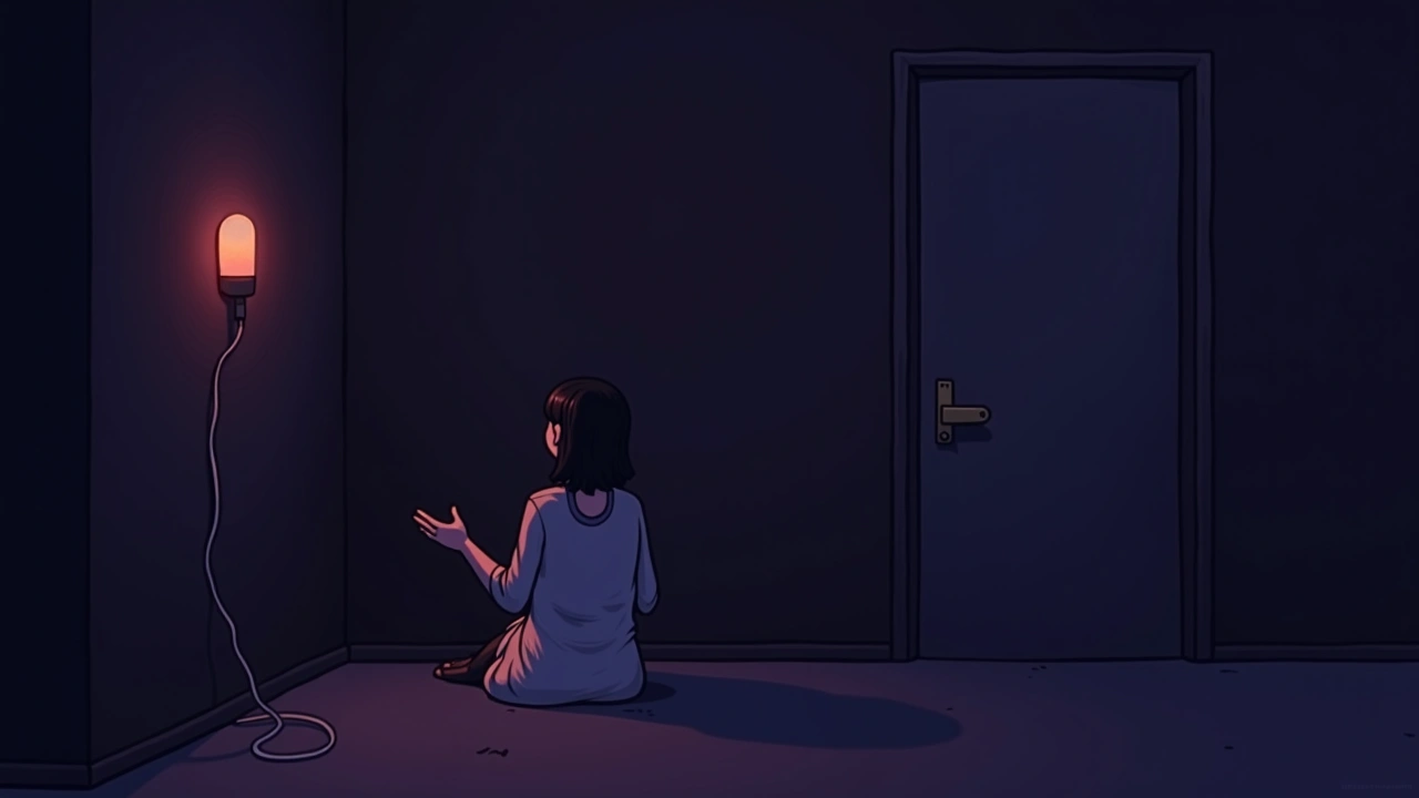 Illustration: a small home prayer room at night, a handheld device's needle spiking into the red.
