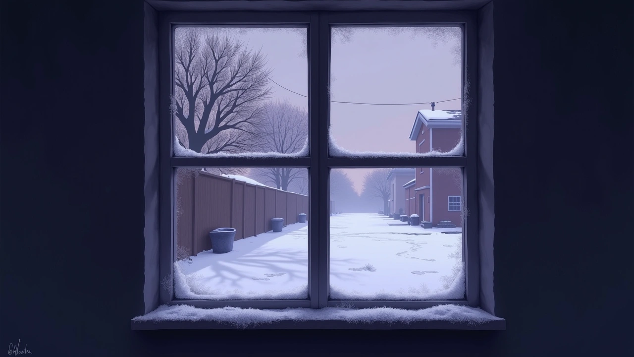 Illustration: A frosty window looking out over a snow-covered street.