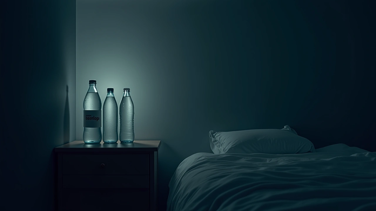 Illustration: a row of water bottles on a nightstand in a quiet, dim bedroom.