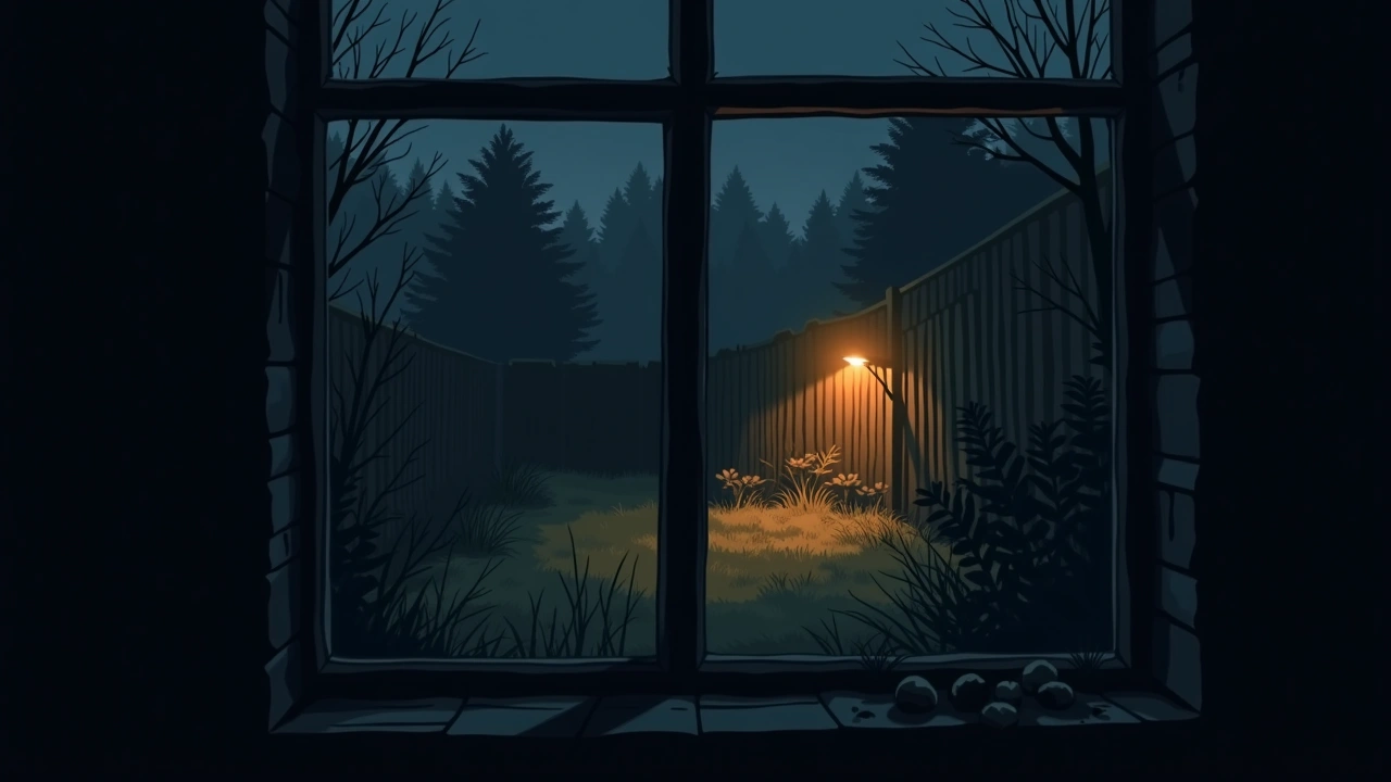 Illustration: an overgrown back garden at night seen from an attic window.