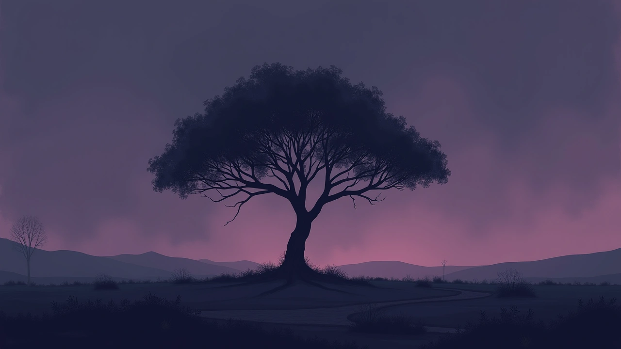 Illustration: a lone fig tree at dusk, its branches spreading over bare ground.